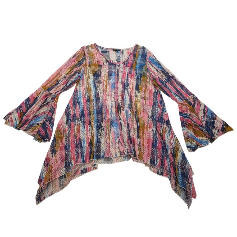 Dor Dor Couture Tunic Women Large Pink Blue Mesh Bell Sleeve Sharkbite